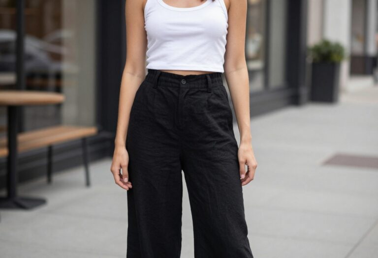 A woman wearing black wide-leg linen pants and a cropped white tank top in a casual summer setting, styled for a fashion blog with a focus on effortless, breathable outfits.