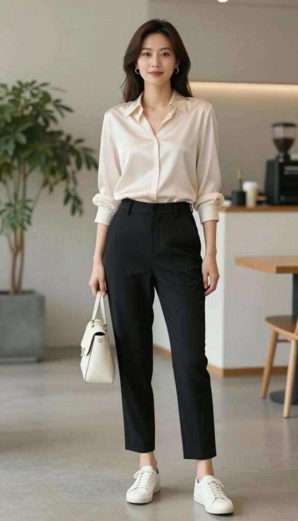 Woman in cream silk blouse and black ankle-length pants with white minimal sneakers, standing in a bright modern office lobby.