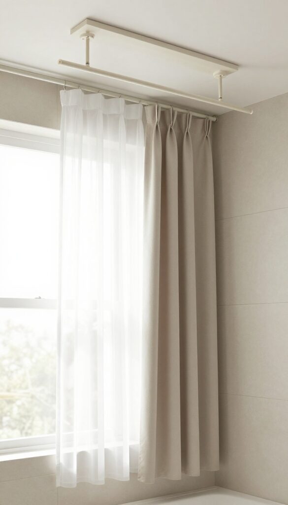 A modern bathroom featuring ceiling-mounted double shower curtain rods with sheer and solid curtains in neutral tones, highlighting sleek architectural design under bright natural light.