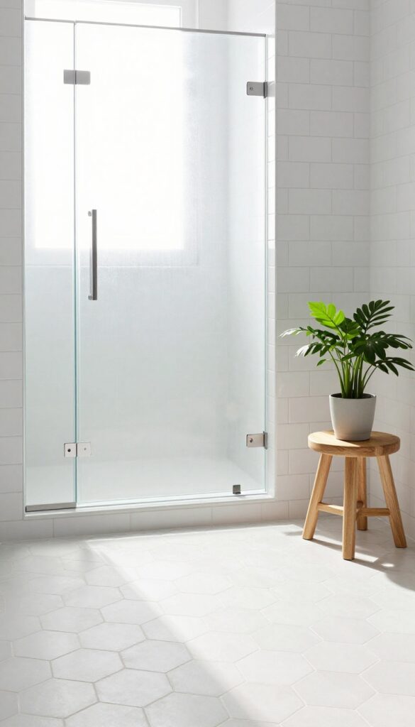 Bright walk-in shower with white hexagonal floor tiles, subway tile walls, wood stool, and plant.