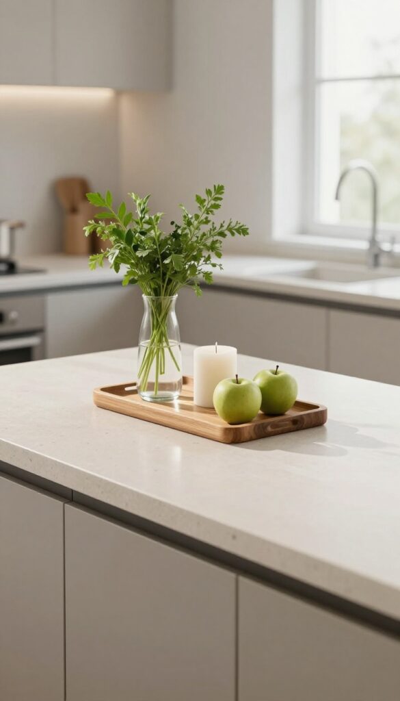 Kitchen breakfast bar with a wooden tray centerpiece featuring fresh herbs, a white candle, and green apples in natural light.