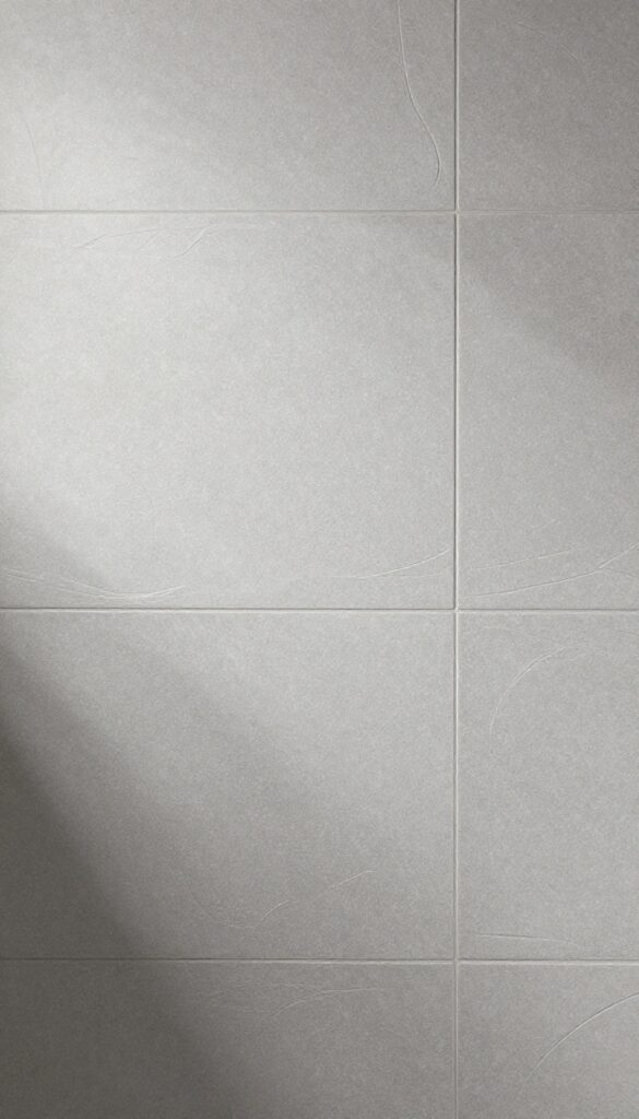 Close-up of textured 3D tiles on a shower wall in soft gray, with natural light emphasizing the sculpted pattern and shadows.