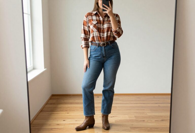 Plus-size model in a fitted plaid shirt and denim jeans with cowboy boots, taking a mirror selfie in a bright room.