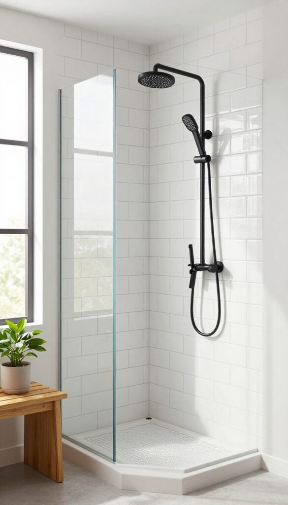 Elegant black shower fixture in a clean, contemporary bathroom setting.
