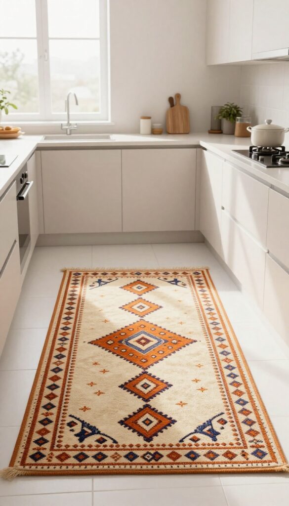 Colorful Moroccan Beni Ourain runner rug in a bright, modern kitchen with neutral cabinetry and natural light.