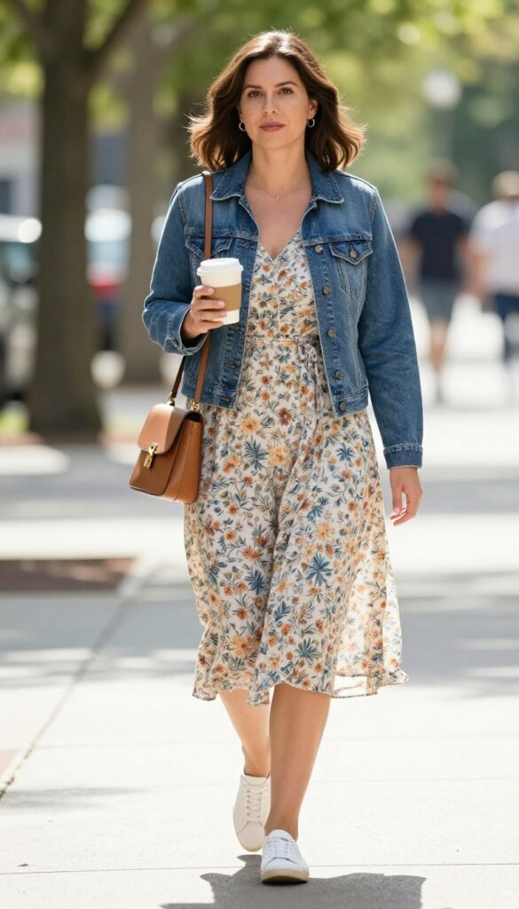 A mom wearing a floral midi dress with a blue denim jacket, white sneakers, and a crossbody bag, walking outdoors in natural light.