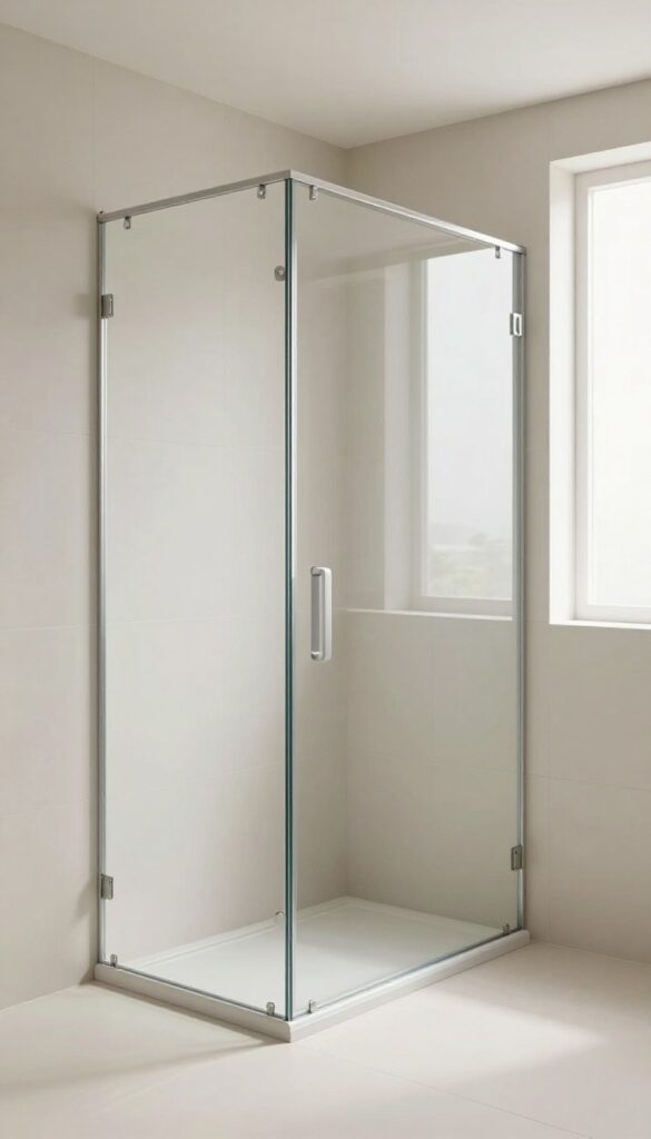 A modern bathroom with sliding glass door shower in bright natural light, showcasing space-saving design with light-colored tiles and clean composition.