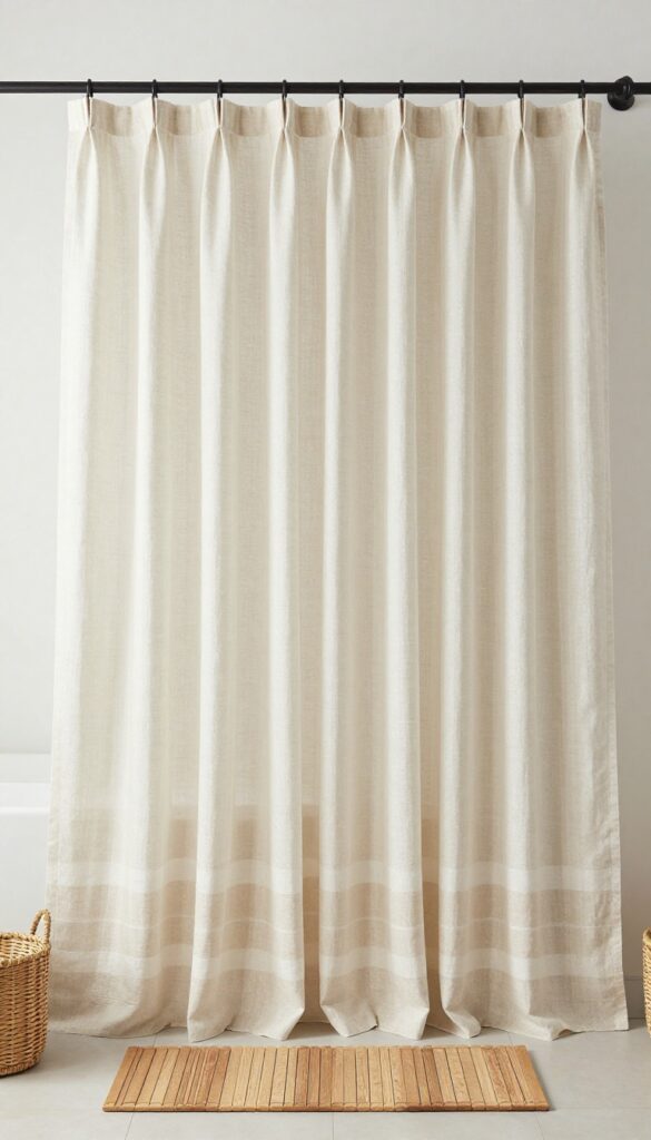 A striped linen-cotton mix curtain in a walk-in shower with natural textures and soft lighting, styled for a relaxed, elegant bathroom.