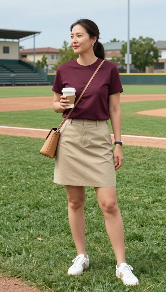 A woman wearing a navy blue team-colored tee and a khaki A-line skirt with white sneakers and a crossbody bag, standing on a baseball field in natural light.