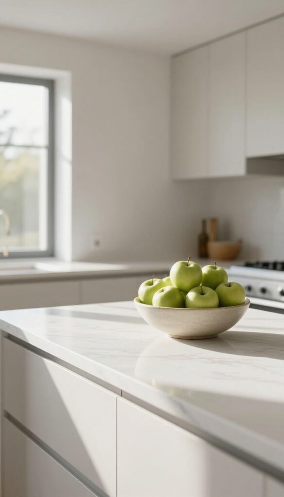 A large statement bowl filled with green apples on a minimalist kitchen island