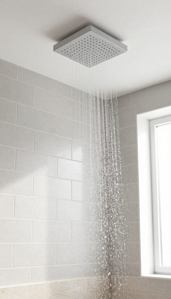 Ceiling-mounted rain showerhead with flush trim in a modern minimalist bathroom