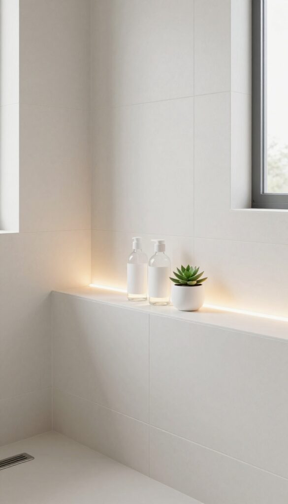 A recessed niche with LED lighting in a modern shower, showcasing organized toiletries and soft ambient glow in a bright, minimalist bathroom setting.