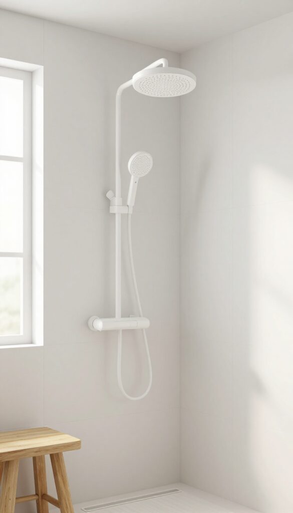 Modern bathroom with matte white round shower head on pale tile wall, natural light, wooden stool and teak mat