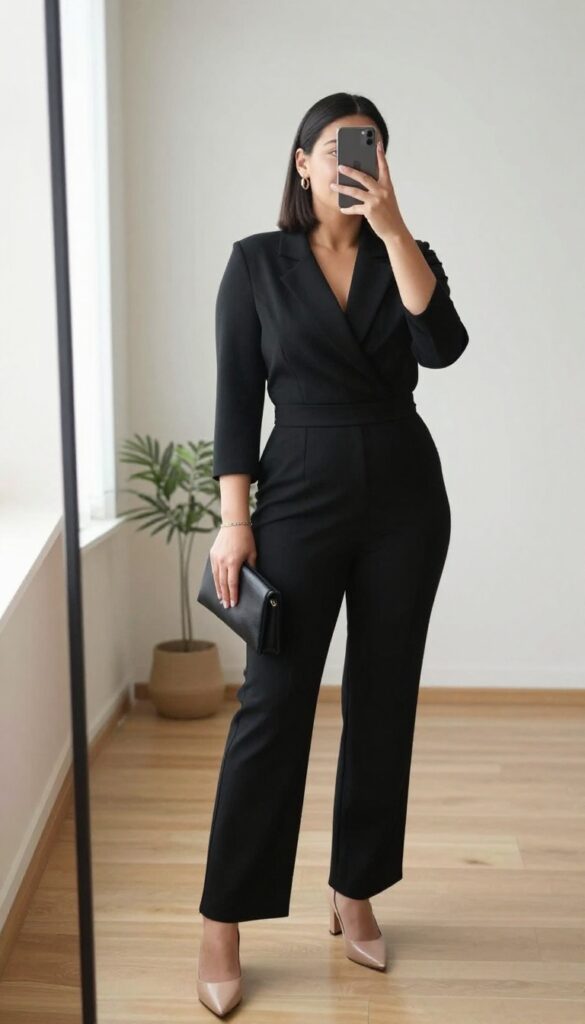 Plus-size woman in a structured black jumpsuit taking a mirror selfie, wearing nude heels and minimal accessories.