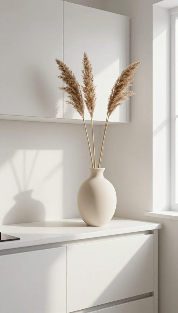 A single large cream ceramic vase with dried pampas grass placed on white upper kitchen cabinets