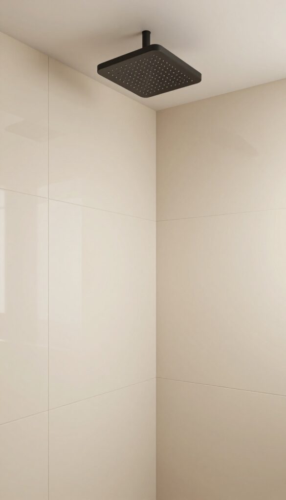 Seamless glossy porcelain panels in a small shower stall with matte black rain shower head and recessed shelf