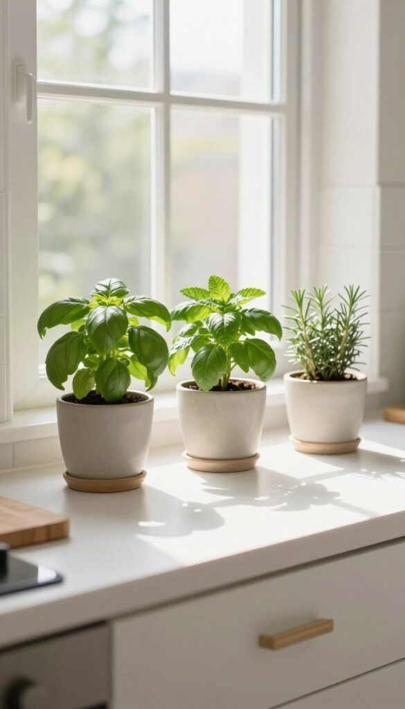 A kitchen windowsill with three potted herbs in ceramic pots, bathed in natural sunlight.