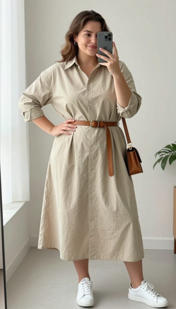 Plus-size woman with rectangle body shape wearing an oversized beige shirt dress belted at the waist, white sneakers, and a caramel crossbody bag, taking a mirror selfie in bright natural light.