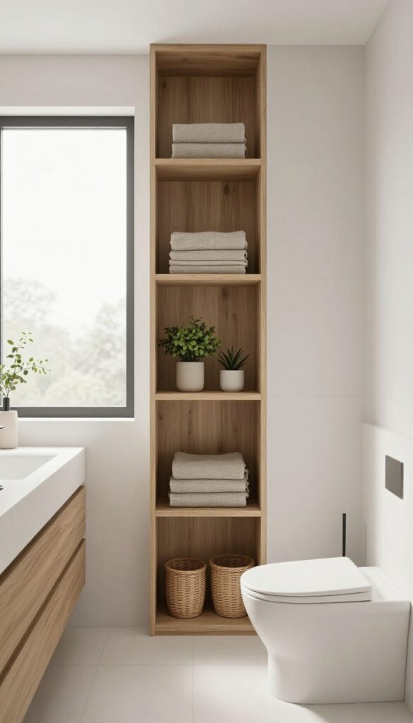 A built-in shelf divider in a modern bathroom, separating the vanity and toilet area while providing storage with towels, baskets, and plants.