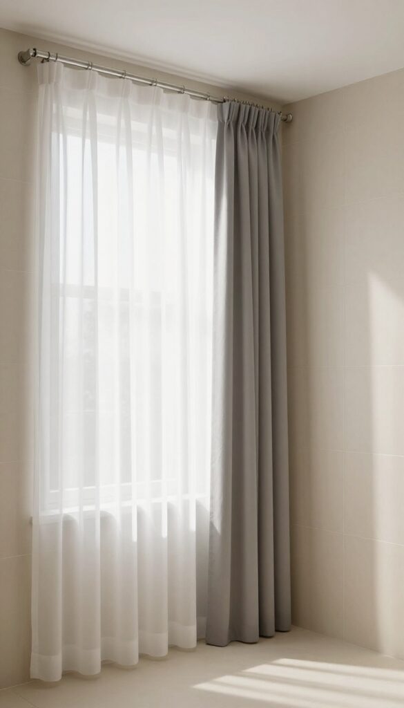 A layered sheer and fabric shower curtain setup in a bright bathroom with natural light, showing a white sheer outer curtain and gray liner on dual rods for a decorative yet practical look.