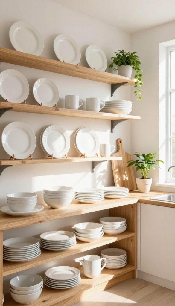 Open shelving in a kitchen with neatly arranged white dishware, a wooden cutting board, and a small plant, bathed in natural light.