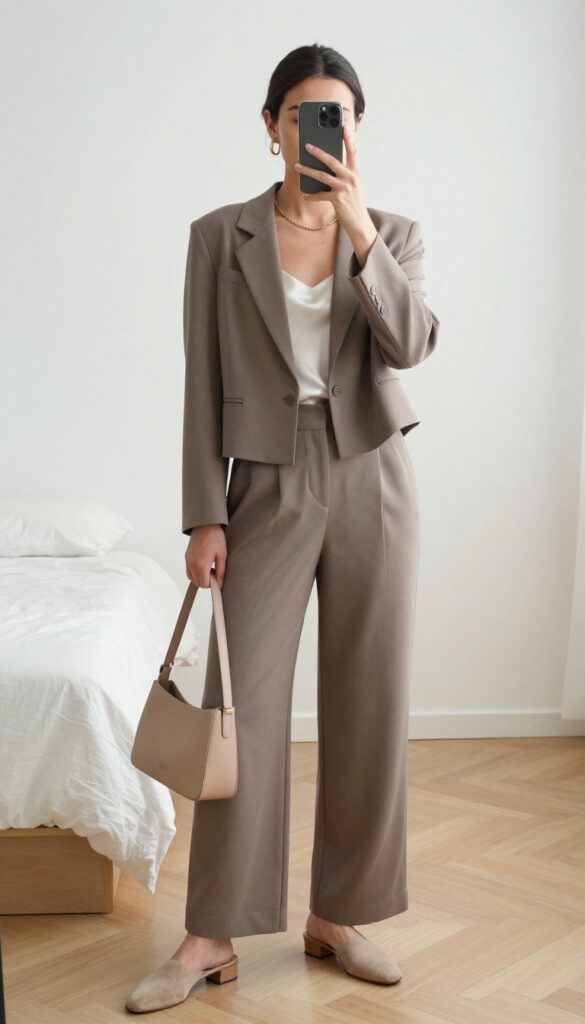 Woman in a taupe matching blazer and wide-leg trouser co-ord set, taking a mirror selfie with phone partially covering face, minimal jewelry, beige mules, and nude crossbody bag in a bright, minimalist room.