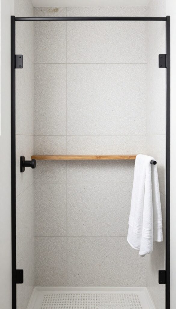 Close-up view of terrazzo tiles in a shower, featuring speckled patterns that add personality and durability, with clean fixtures and minimal accessories in bright natural light.