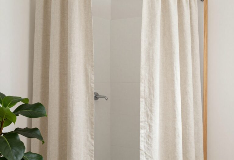 Walk-in shower with a soft linen curtain, wooden decor, and plants in a relaxed, natural bathroom setting.