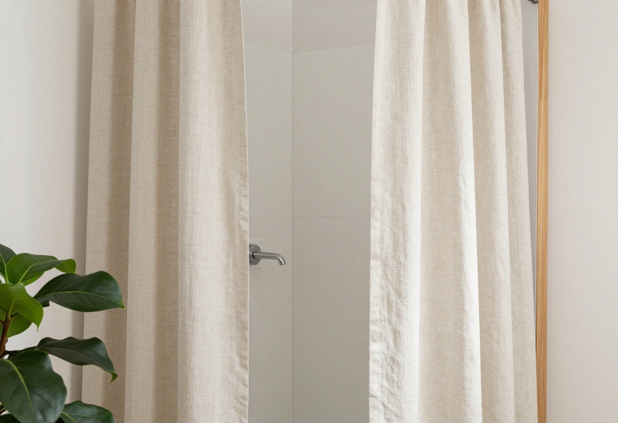 Walk-in shower with a soft linen curtain, wooden decor, and plants in a relaxed, natural bathroom setting.