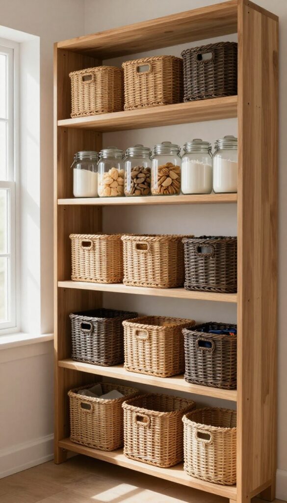 Open shelves with woven baskets in a kitchen store room, organized and bright