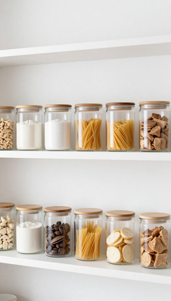 Clear glass canisters on a shelf in a bright kitchen store room, filled with staples like flour and pasta, creating an organized and calm look.