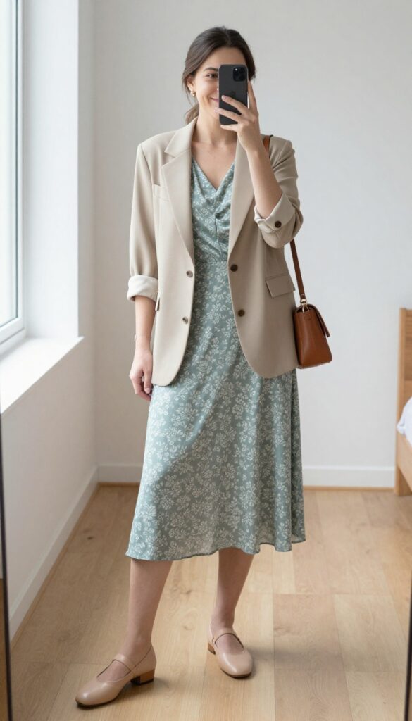 A woman in a sage green midi dress and unbuttoned beige blazer takes a mirror selfie in a bright, minimal room. She wears nude flats and carries a small crossbody bag. The outfit is casual yet polished.