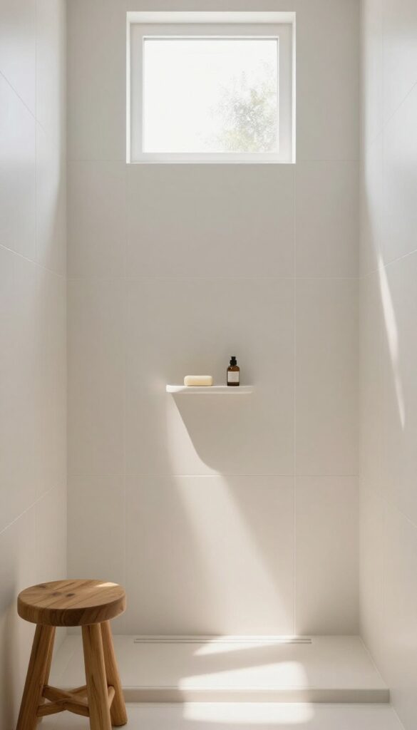 Large format white tile shower with recessed soap dish and teak stool