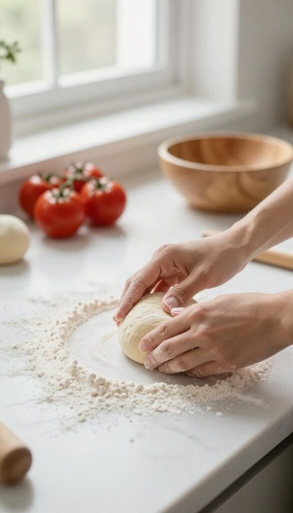 Hands kneading dough in a bright kitchen with flour dust in the air