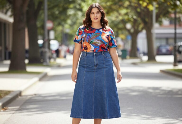 A plus-size woman wearing a stylish long skirt outfit in a casual outdoor setting, showcasing fashionable and wearable plus-size clothing ideas.
