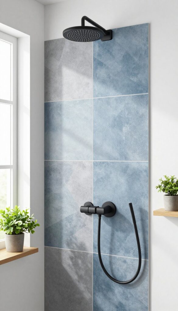 A bathroom shower with bold cement tiles in muted geometric patterns, showcasing durability and timeless style in bright natural light.