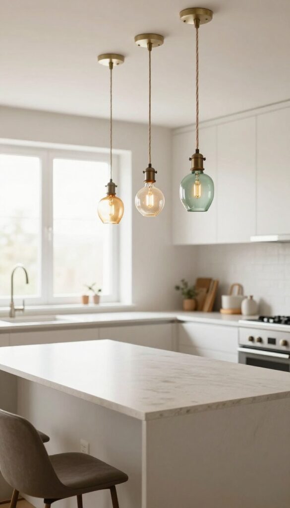 DIY cord-hung pendants in amber, milk glass, and sage green above a kitchen island