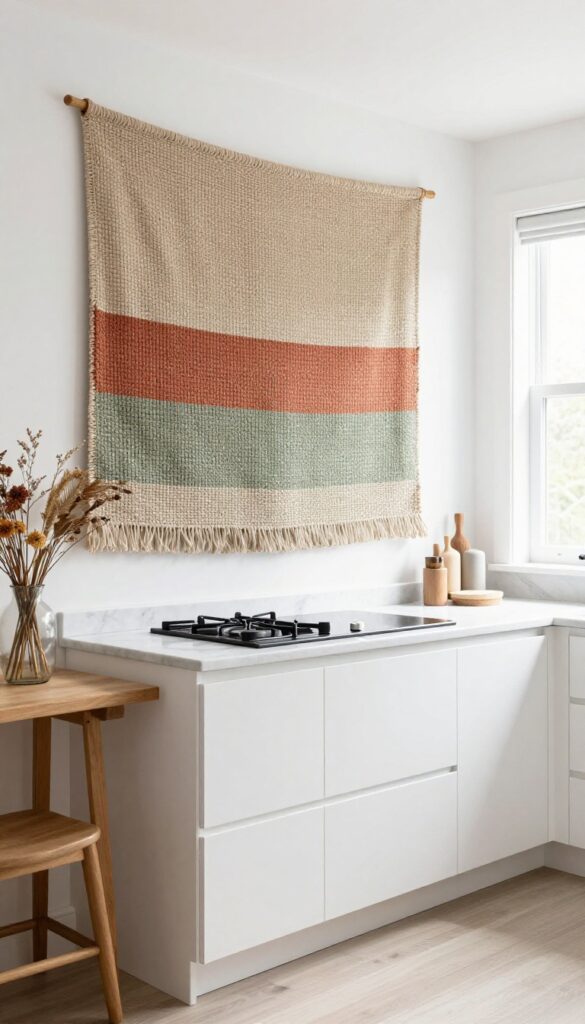 Modern kitchen with a textured woven wall hanging in earthy tones, adding warmth and personality to the space.