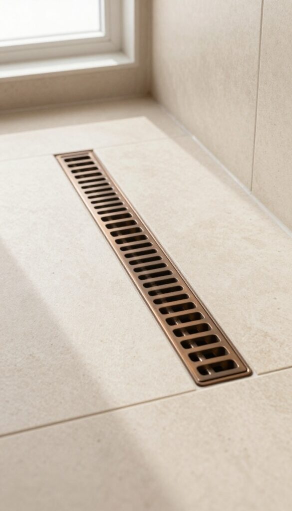 Linear shower drain cover in oil-rubbed bronze on light stone tile floor