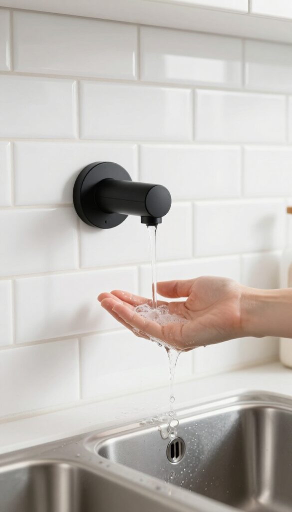 Wall-mounted soap dispenser above kitchen sink saving counter space