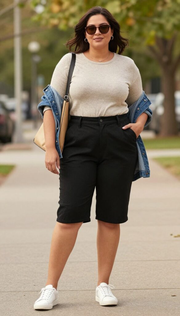 A woman wearing black shorts and a lightweight knit top for a summer evening outfit, styled with sneakers, a shoulder bag, and minimal accessories in a natural outdoor setting.