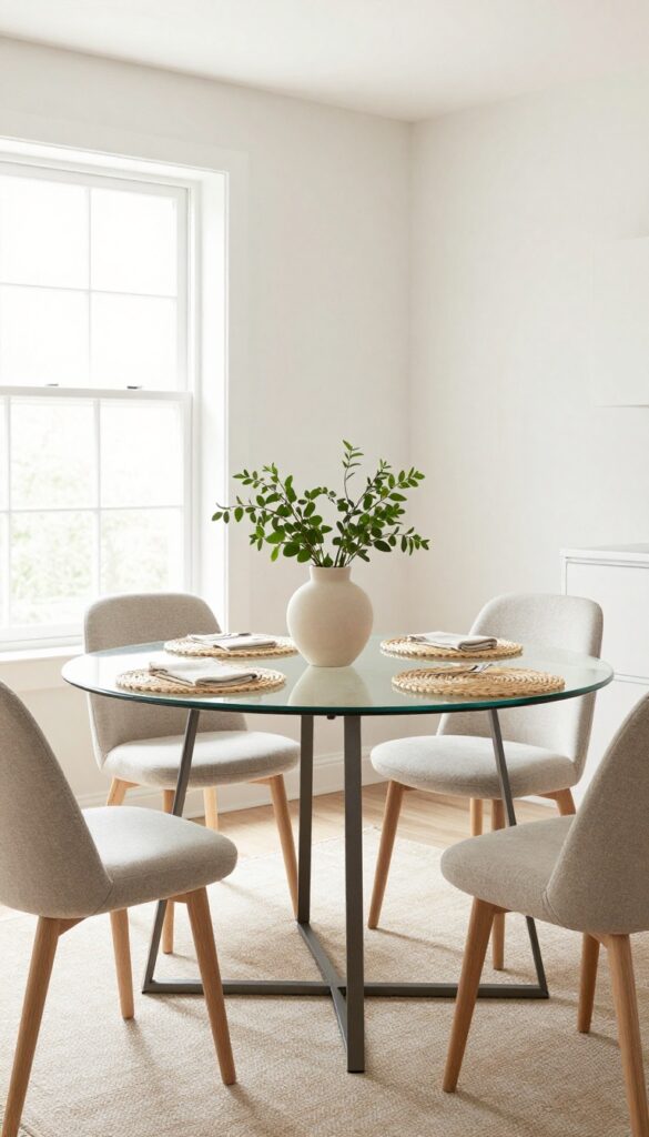 Round glass-top dining table in a small kitchen with natural light, linen runner, woven placemats, ceramic vase, and neutral upholstered chairs.