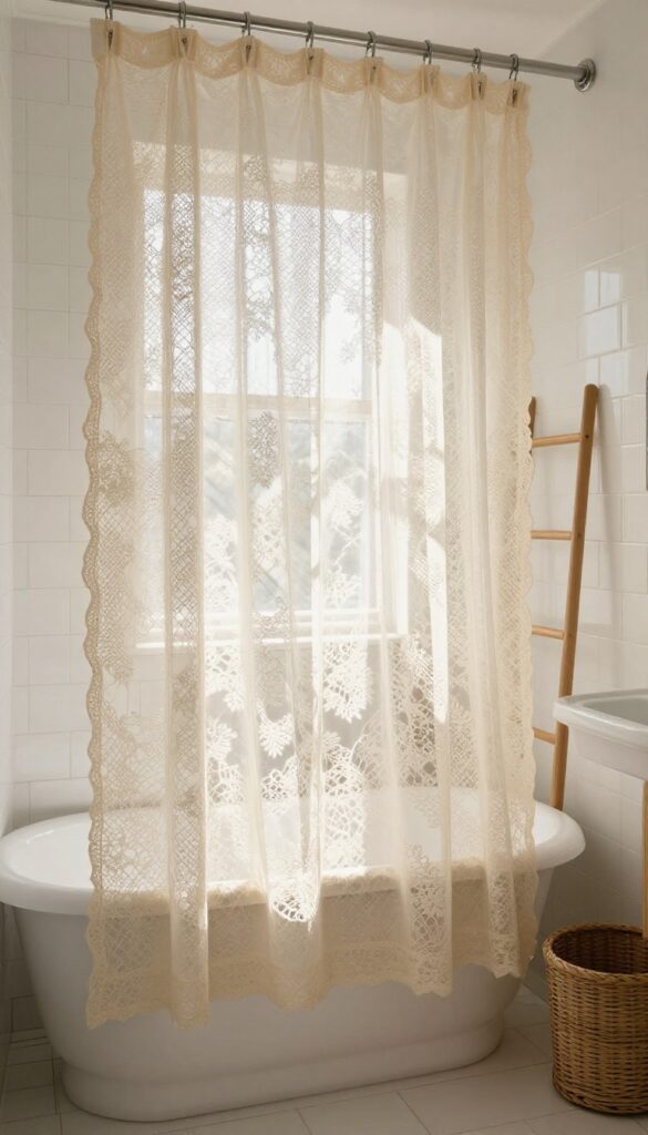 Bright bathroom with cream crochet shower curtain casting delicate shadows on clawfoot tub