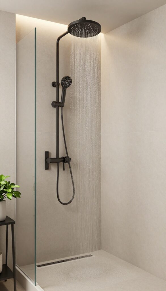 A small walk-in shower with a rainfall showerhead creating a spa-like atmosphere in a tight bathroom.