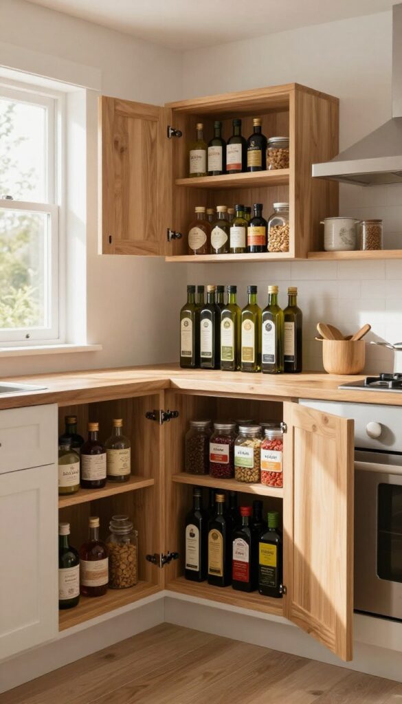 Corner kitchen cabinet with a wooden lazy Susan holding bottles of oil and spices