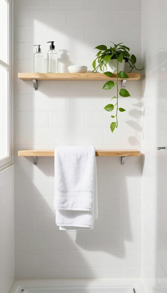 White tile walk-in shower with floating teak shelves holding shampoo, soap dish, towel, and pothos plant.