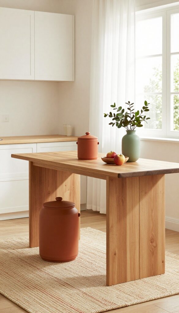 Cozy kitchen accessories on countertop with fruit bowl and ceramic canister