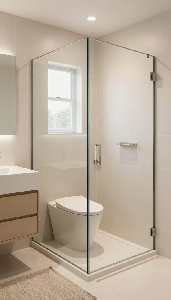 A basement bathroom featuring a frameless glass shower panel that defines zones, with bright natural light, neutral tiles, and minimal decor for an open, organized look.