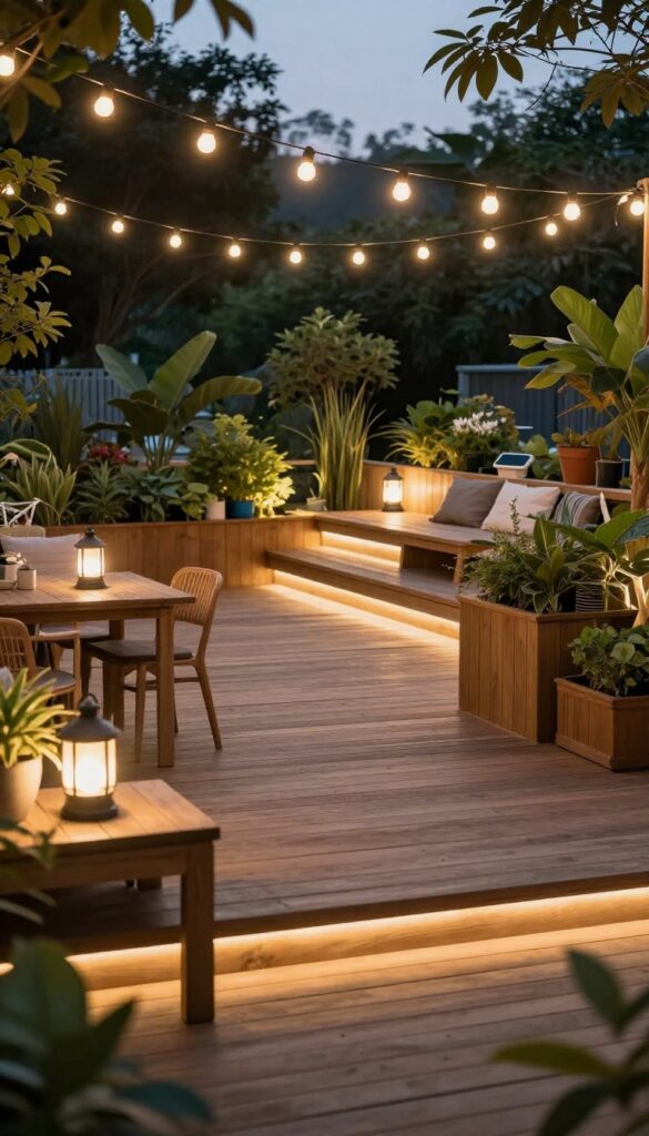 Large deck with layered lighting including string lights, lanterns, solar stake lights, and step lights at dusk.
