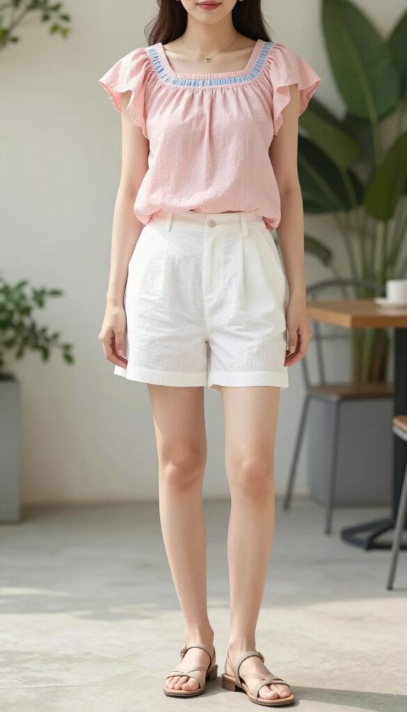 A woman wearing a cropped blouse and white shorts for a summer brunch outfit, styled with strappy sandals and a mini handbag in a bright outdoor setting.